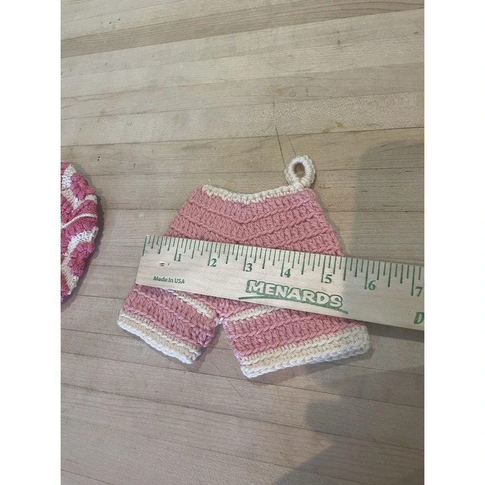 Vtg Crocheted Hanging Hot Pad 2 Trivets Bloomers Pink White ~Cottagecore Decor ~